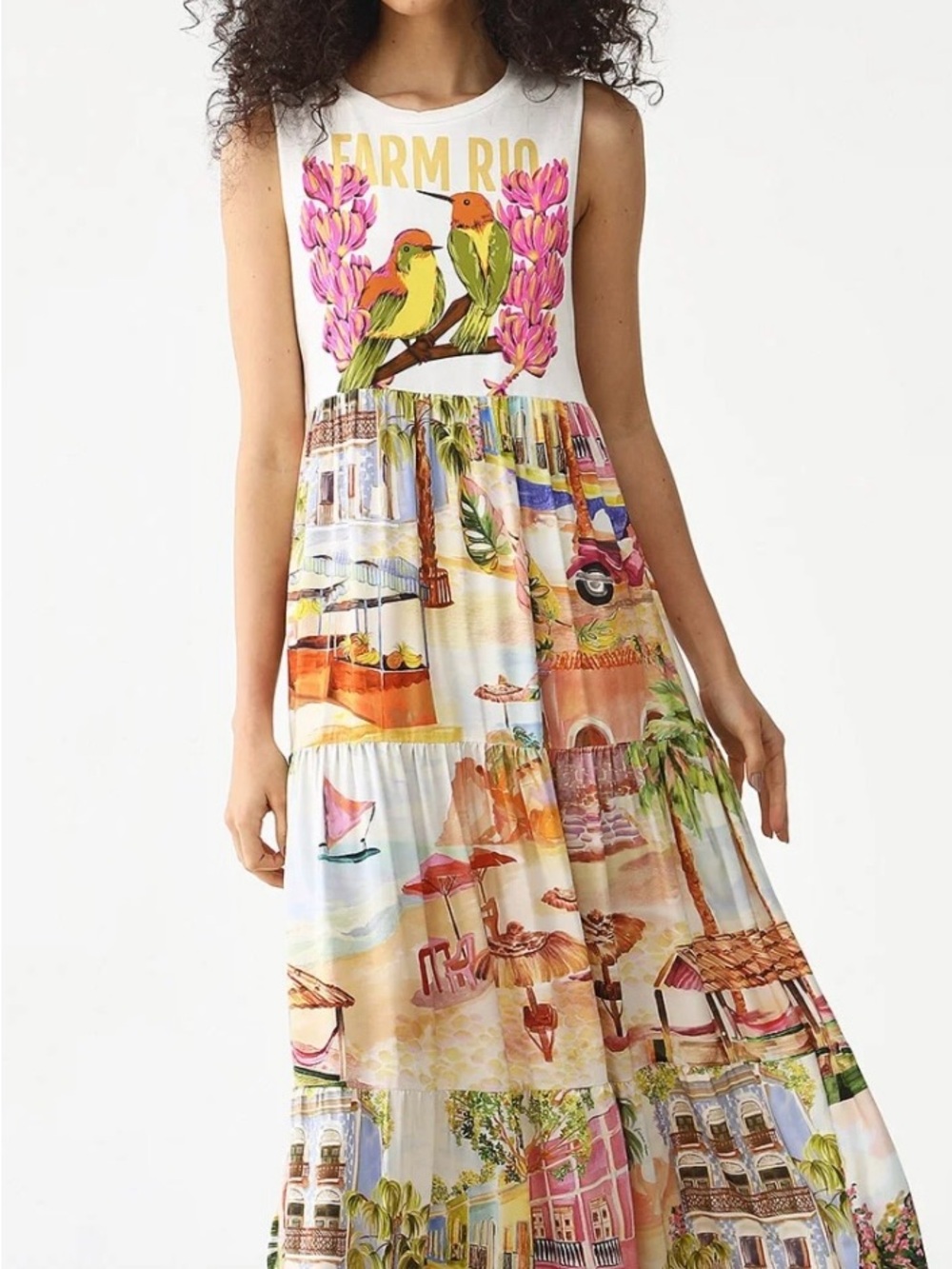 FARM Rio White Maxi Dress with Yellow & Green Bird Print
